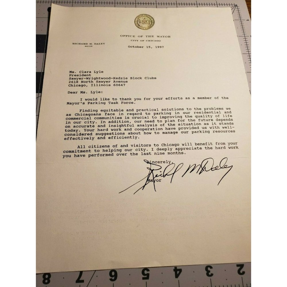 Richard M. Daley hand signed letter on Chicago's M